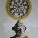 Clown with Dartboard, 24" x 36", acrylic on mylar by Mary Lottridge